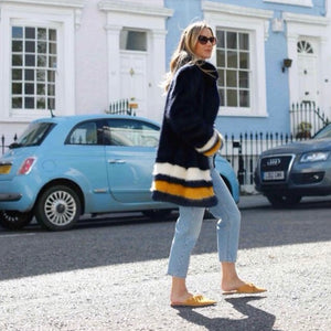 Navy Coat with Cream & Yellow Cuff & Hem Stripes