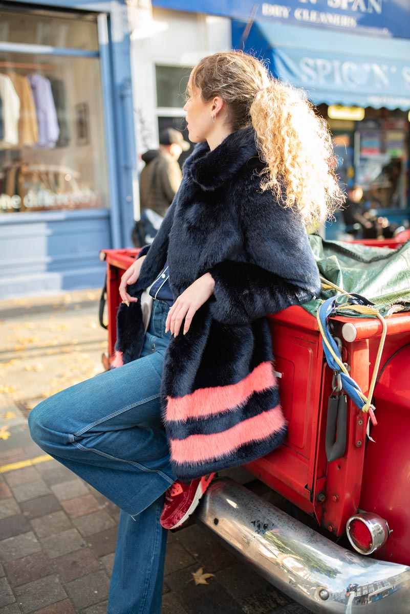 Navy Coat with Pink Hem Stripes