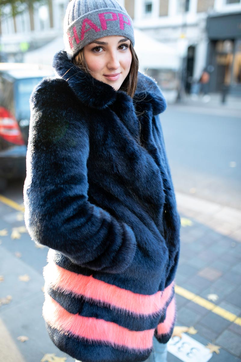 Navy Coat with Pink Hem Stripes