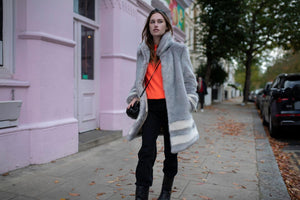 Grey Coat with Cream Hem Stripes