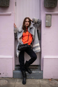 Grey Coat with Cream Hem Stripes