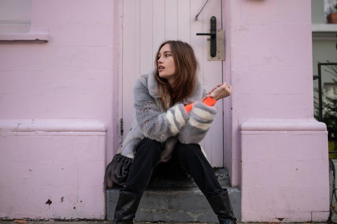 Grey Coat with Cream Hem Stripes