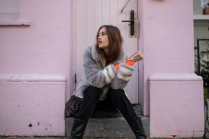 Grey Coat with Cream Hem Stripes