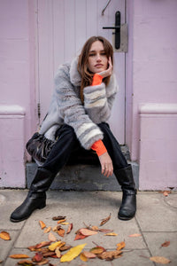 Grey Coat with Cream Hem Stripes