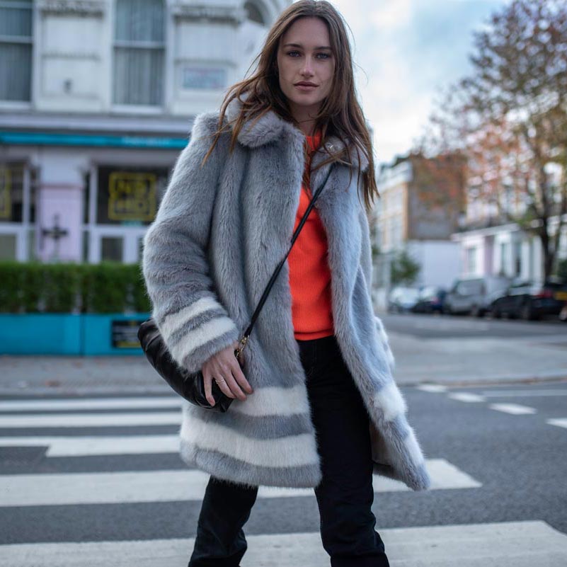 Grey Coat with Cream Hem Stripes